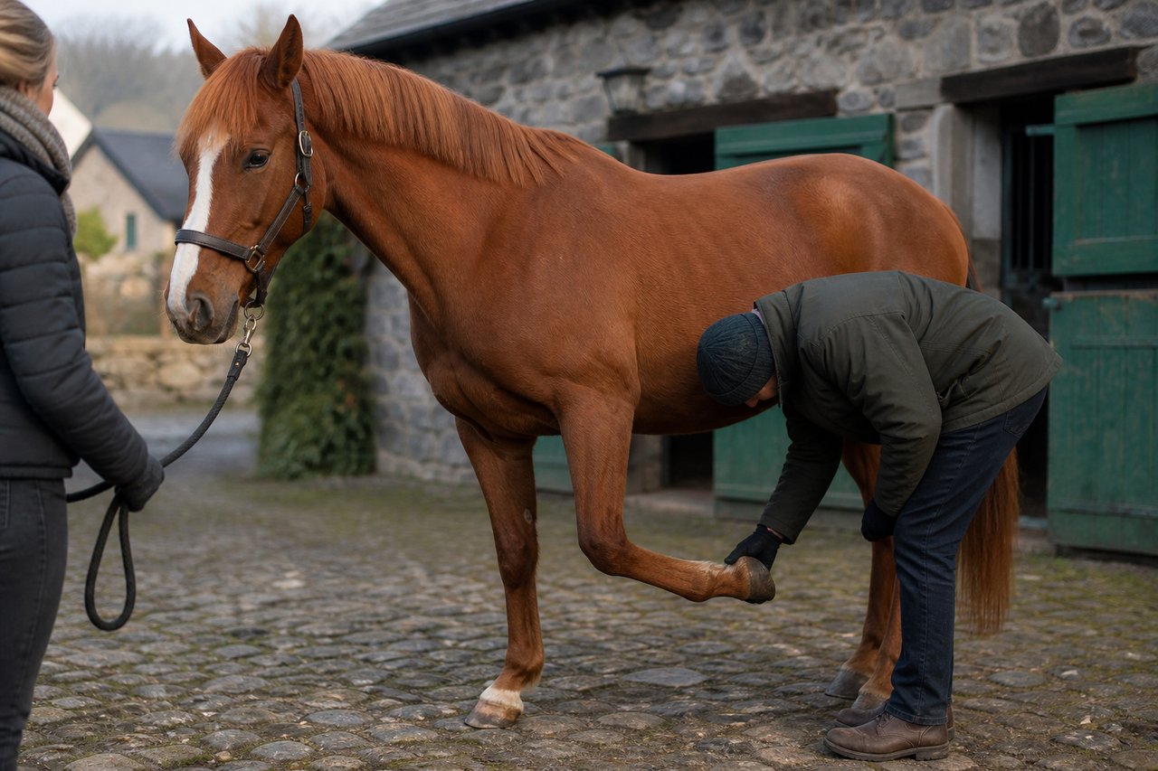 Ein Pferd wird in einem ruhigen Stallhof aufmerksam untersucht