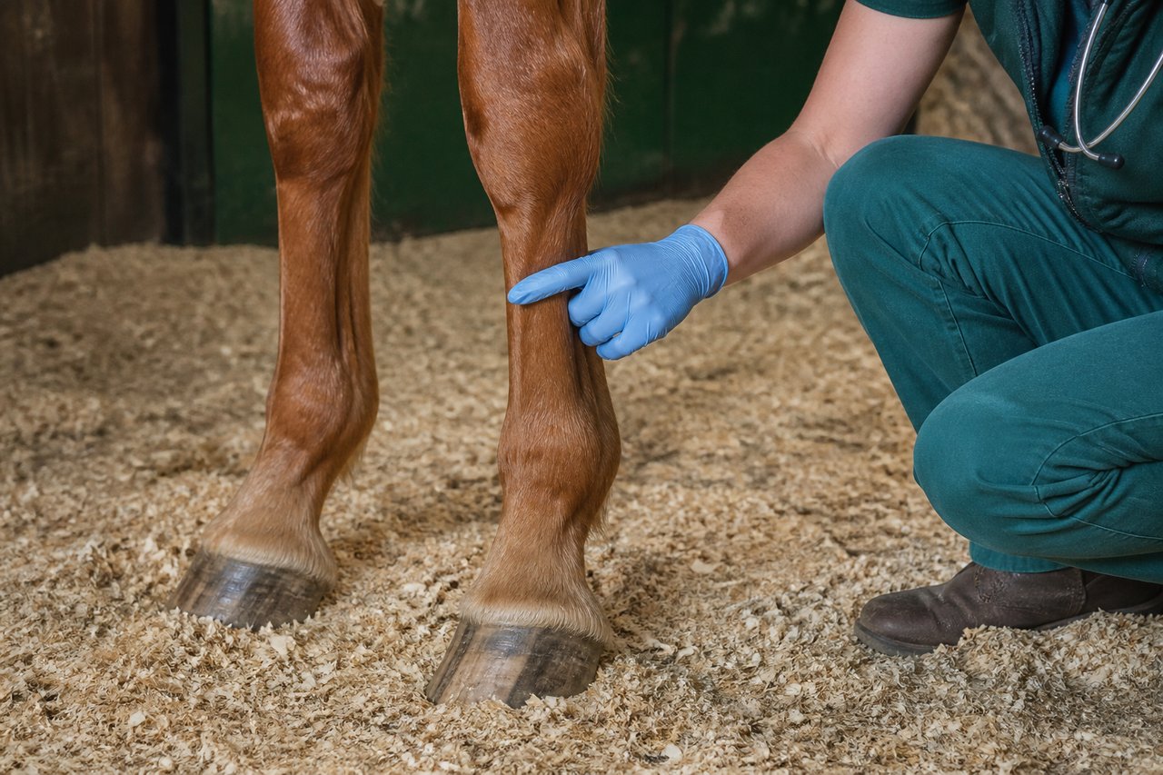 Tierärztliche Untersuchung am Vorderbein eines Pferdes