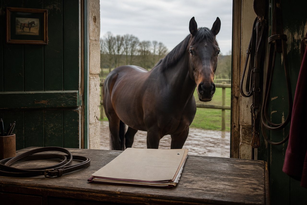 Pferd am Eingang einer alten Sattelkammer mit Aktenmappe im Vordergrund