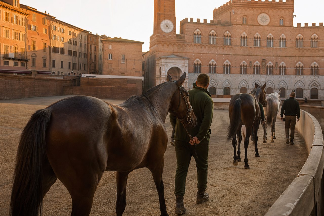 Pferde werden in die Piazza del Campo geführt